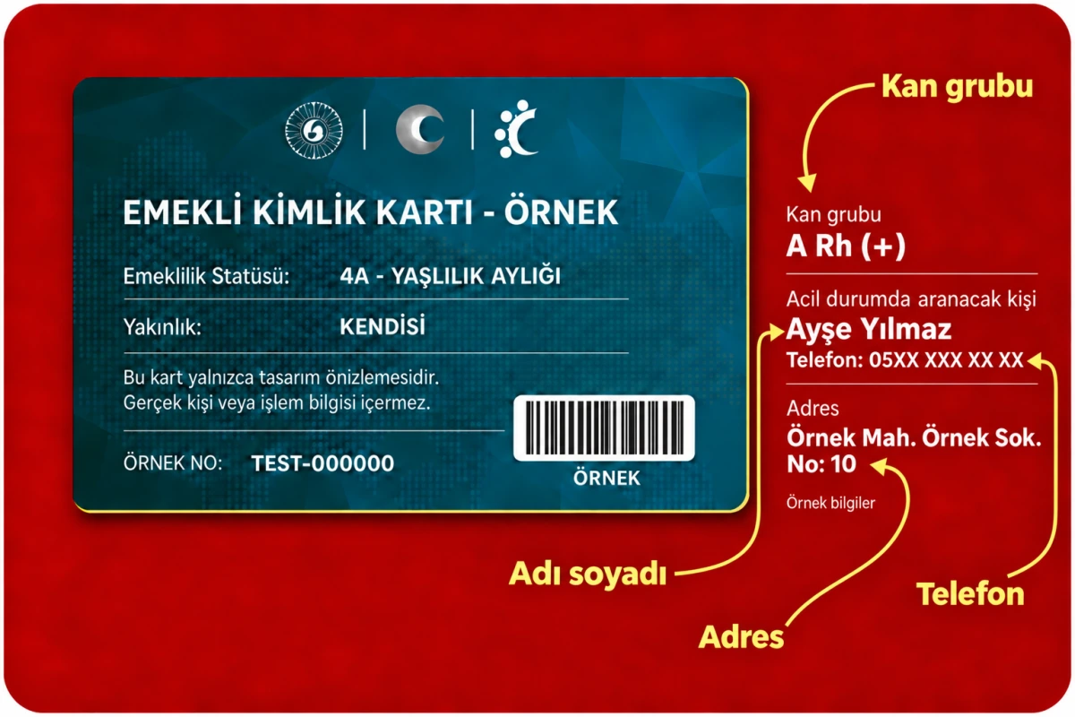 Kan grubu, acil durumda aranacak kişinin adı soyadı, telefonu ve adresi sarı oklarla vurgulanan örnek emekli kartı